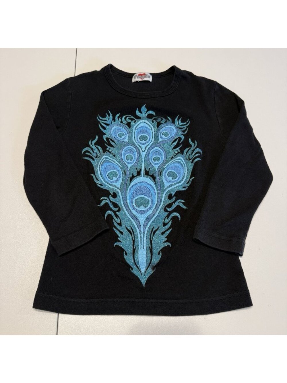 Y2K Fragile Black 3/4 Sleeve Top Blue Teal Glitter Peacock Feather Graphic XS S